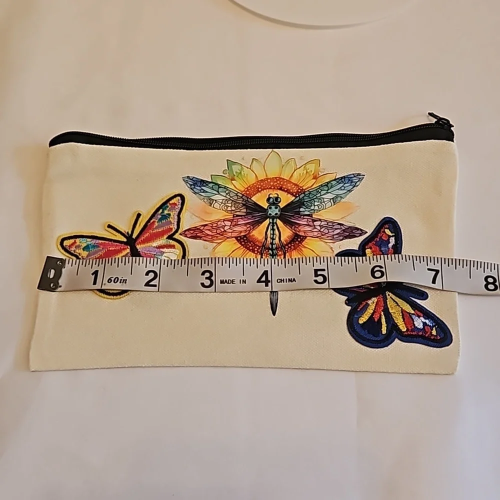 Hand Crafted canvas makeup bag pencil case iron transfer embroidery butterfly